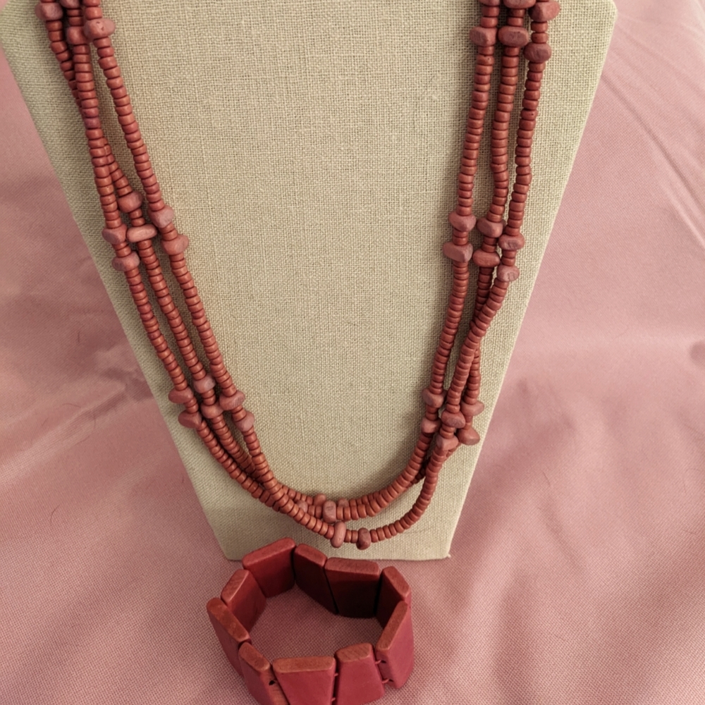3 Strands Red Tone Wood Necklace ,  with a Free Bracelet